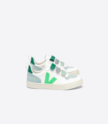 Kids Veja V-10 Velcro Chromefree Vegan Shoes Vegan Shoes White/Green ireland IE-9413JT